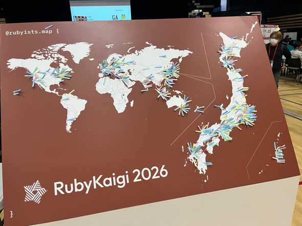 rubyists.mapと題された世界地図に無数の付箋が貼られている